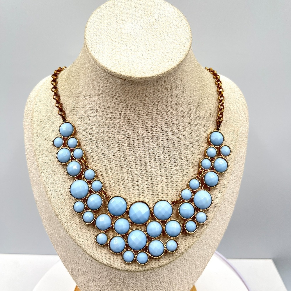 Vintage Retro Sky Blue Cabochon Bib Statement Necklace Gold Tone Geo Bubbles - Picture 9 of 13